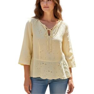 Saint Tropez West Linen Yellow Eyelet Top Tie Front 3/4 Sleeves Peplum - XL